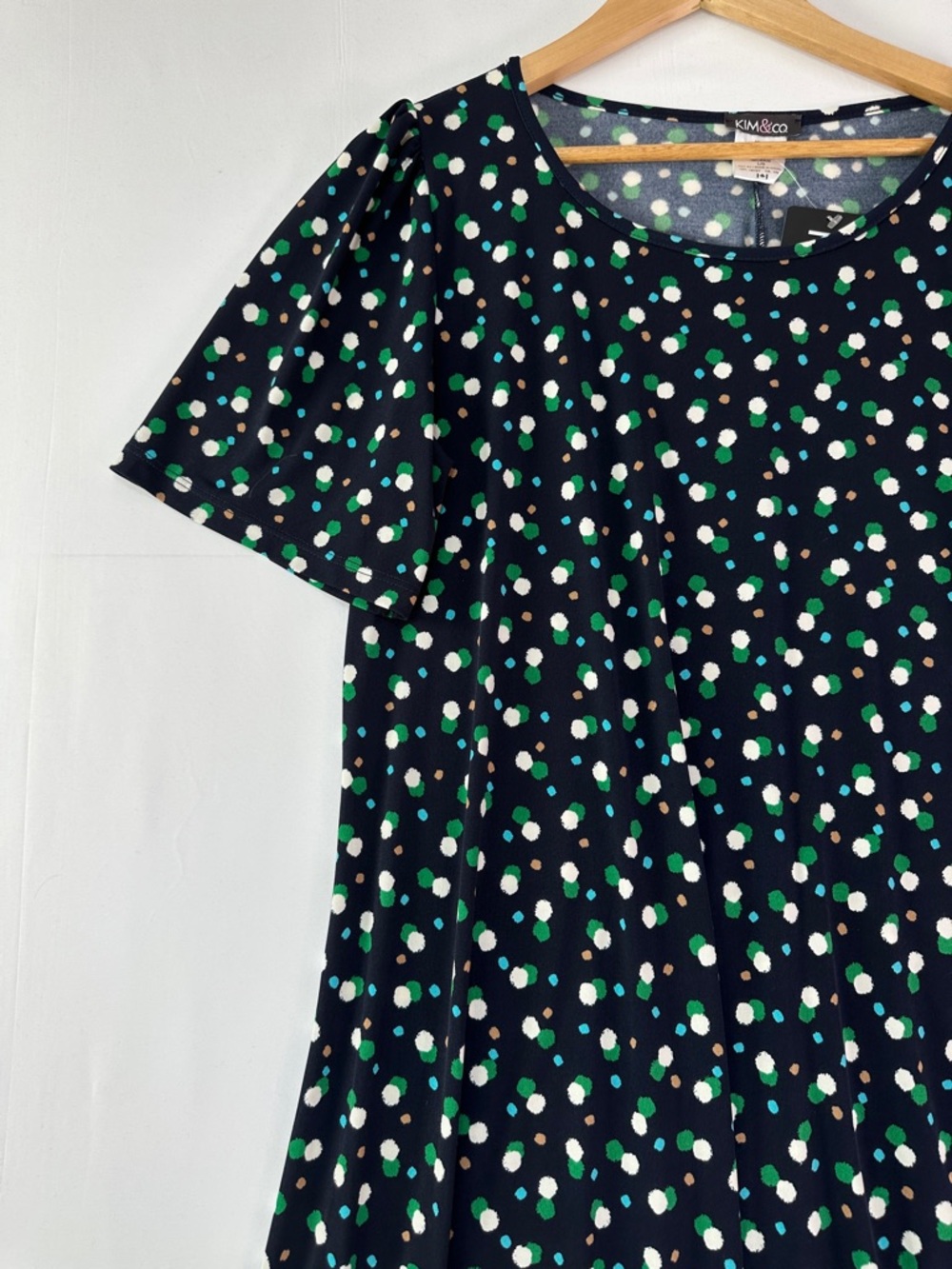 Kim & Co Polka Dot Knee Length Dress Black Green Stretch Fit Flare Size L NWT
